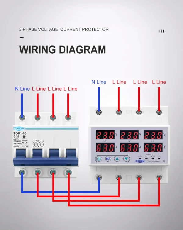 3-Phase Din Rail Voltmeter Ammeter with Voltage & Current Limit Protection