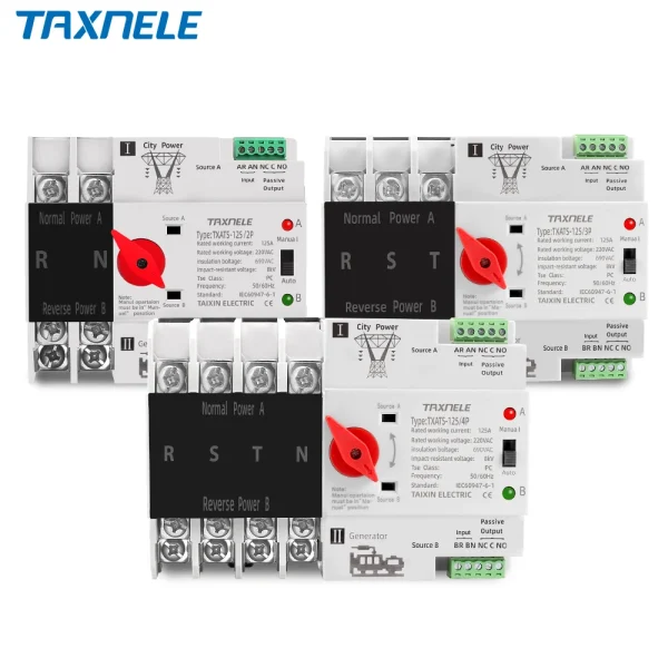 Taxnele Din Rail ATS Dual Power Transfer Switch 2P 3P 4P 63A-125A Selector