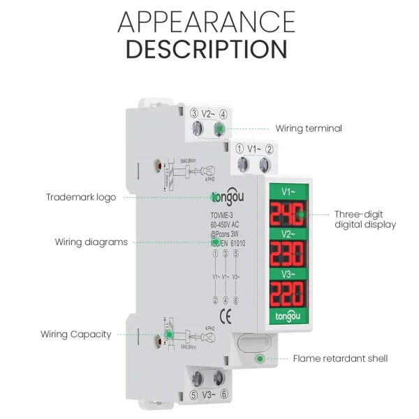 Mini Modular Three Phase Voltage Meter AC 60V-450V LED Display Din Rail Mount