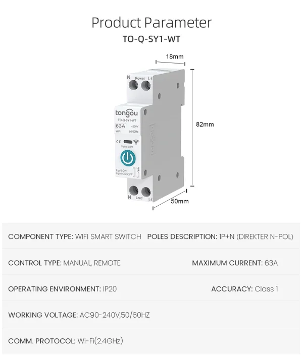 TUYA WiFi Smart Circuit Breaker 1P 50A 63A with Metering DIN Rail, Remote Control