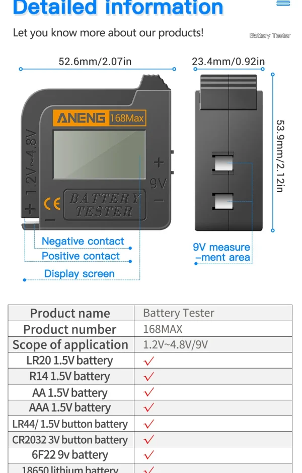 aneng 168max digital lithium battery tester capacity analyzer display