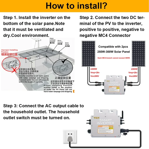 y&h 800/1kw mppt grid tie micro solar inverter 30 60vdc, wifi ip65 120v/230v output