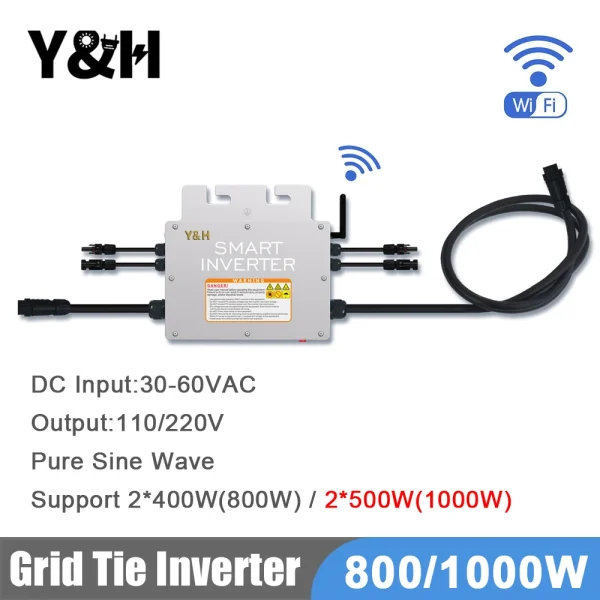 y&h 800/1kw mppt grid tie micro solar inverter 30 60vdc solar panel input, with wifi ip65 output 120v/230v home grid solar power