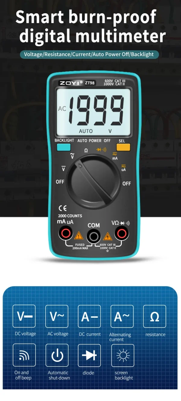 zoyi digital multimeter ammeter voltmeter resistance frequency meter with backlight