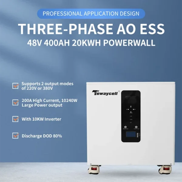 tewaycell three phase 20kwh 15kwh ac380v all in one lifepo4 battery 51.2v home solar system built in 10kw inverter mobile ess